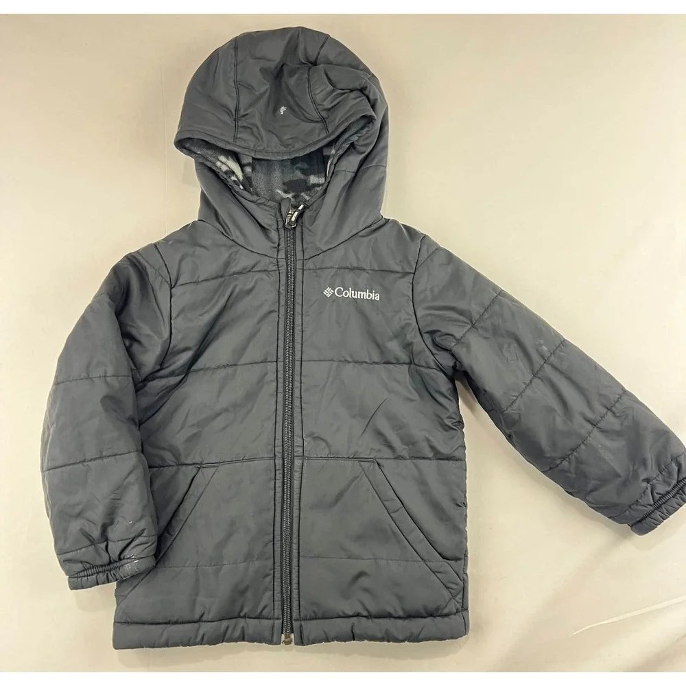 GUC Columbia Kids Reversible Puffer Hooded Fleece Jacket Boy Camo Black Size XXS